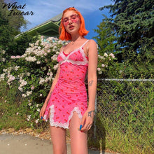将图片加载到图库查看器,Women lace up cherry dot print sexy dress slip slit cute girl pink vestidos sleeveless v-neck bodycon femme short mini channelwill-1