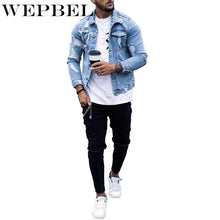 将图片加载到图库查看器,WEPBEL Men New Fashion Holes Light Blue Denim Jeans Short Jacket Casual Long Sleeve Punk Style Coat with Pockets Plus Size channelwill-1