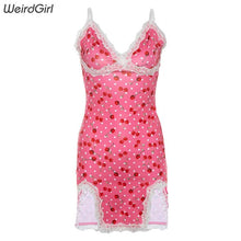 将图片加载到图库查看器,Women lace up cherry dot print sexy dress slip slit cute girl pink vestidos sleeveless v-neck bodycon femme short mini channelwill-1