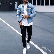 将图片加载到图库查看器,WEPBEL Men New Fashion Holes Light Blue Denim Jeans Short Jacket Casual Long Sleeve Punk Style Coat with Pockets Plus Size channelwill-1