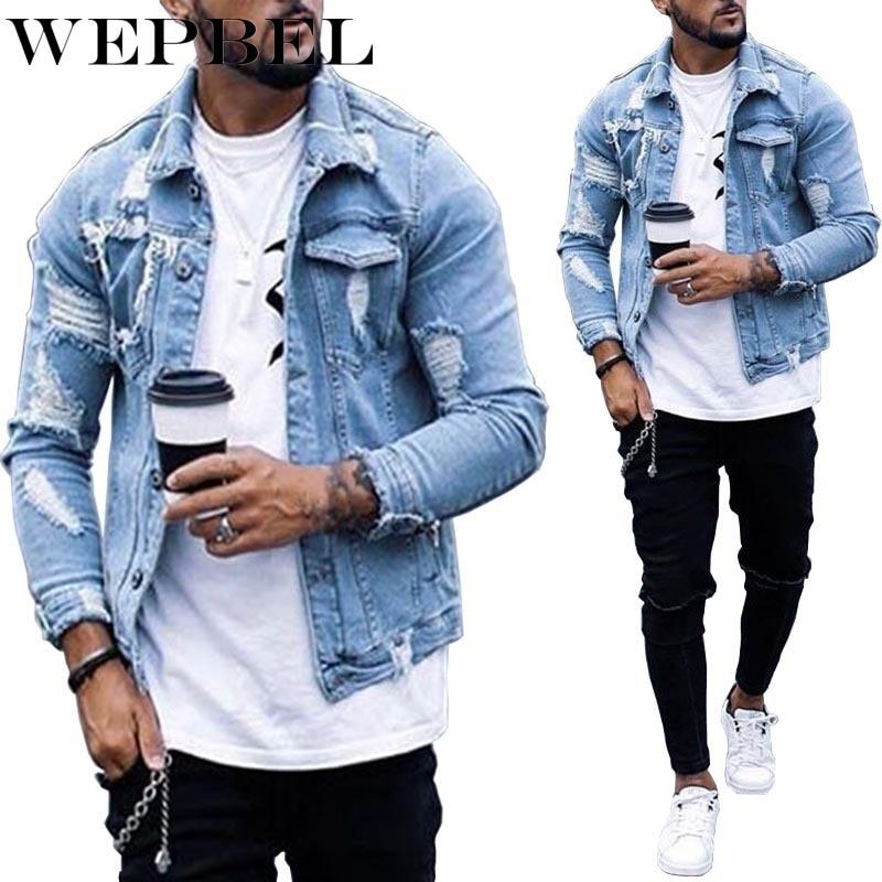 WEPBEL Men New Fashion Holes Light Blue Denim Jeans Short Jacket Casual Long Sleeve Punk Style Coat with Pockets Plus Size channelwill-1
