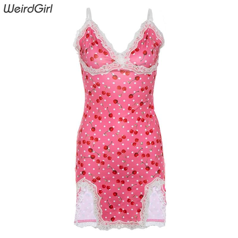 Women lace up cherry dot print sexy dress slip slit cute girl pink vestidos sleeveless v-neck bodycon femme short mini channelwill-1