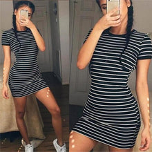 将图片加载到图库查看器，Summer Casual Striped O-neck Short-sleeved Dress Black And White Striped Dresses Casual Elegant Sheath Slim Dress channelwill-1
