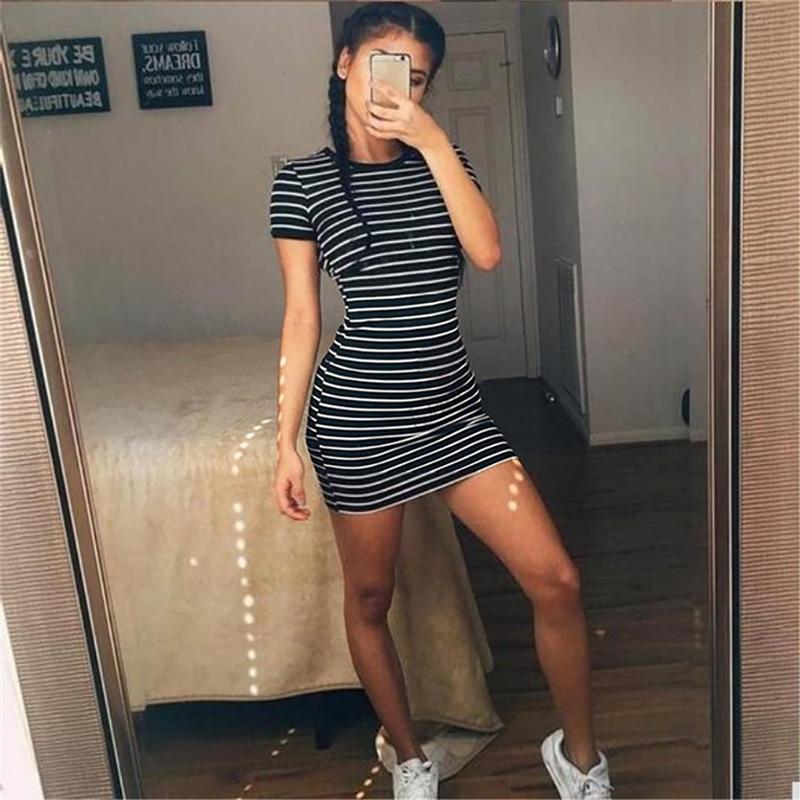 Summer Casual Striped O-neck Short-sleeved Dress Black And White Striped Dresses Casual Elegant Sheath Slim Dress channelwill-1
